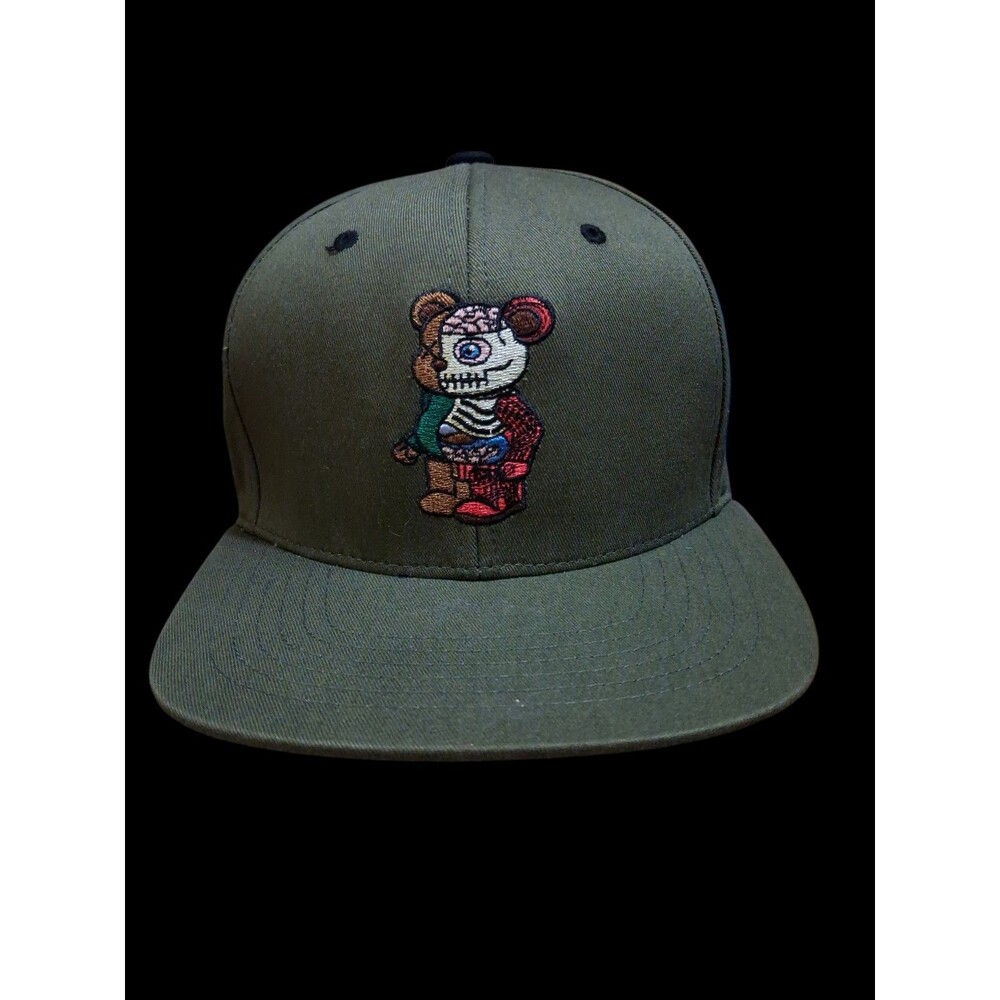 Teddy Bear Skeleton Brain Olive Green Snapback Hat Streetwear Muka